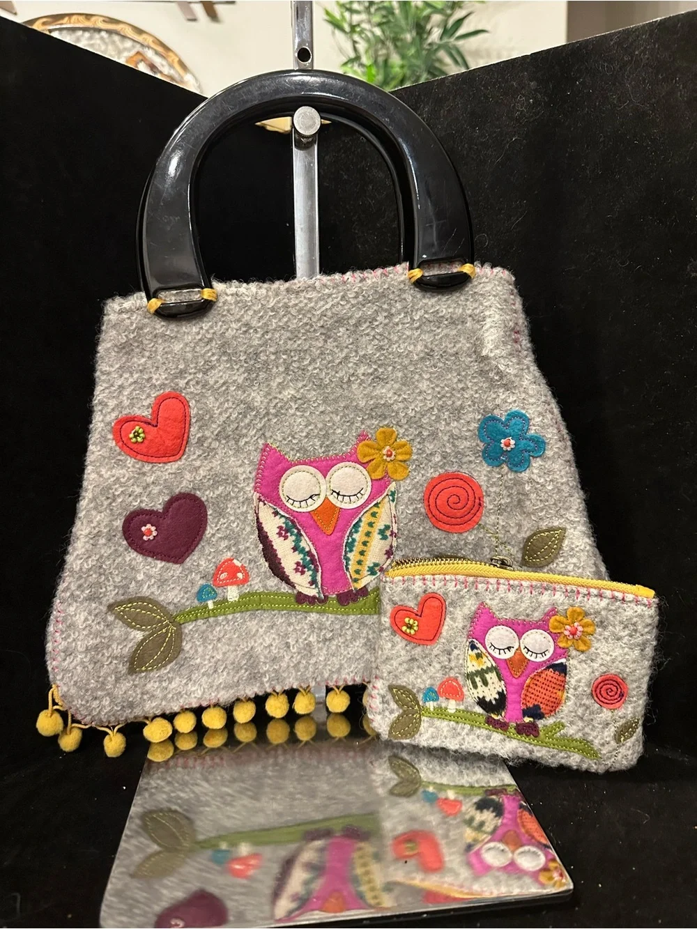 Felted Owl # 320 Applique Tote with Matching Wristlet - Yellow Accents